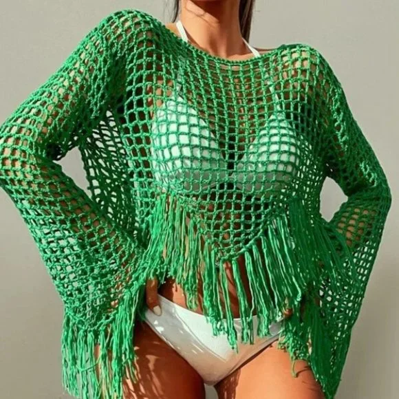 Crochet knit fringe trimmed top Swim coverupGreen - Picture 2 of 9